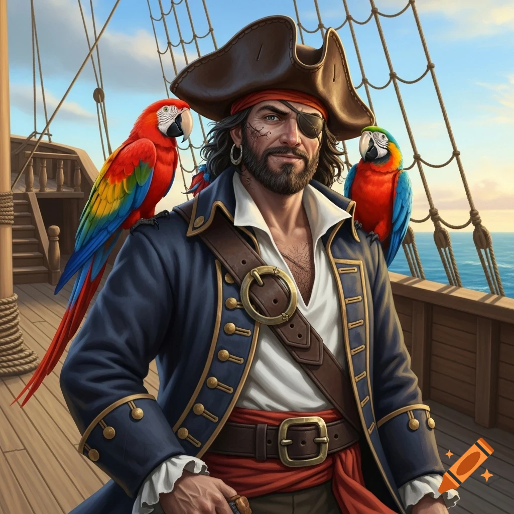 A rugged pirate with an eyepatch and beard stands on a ship's deck, two colorful parrots perched on his shoulders.