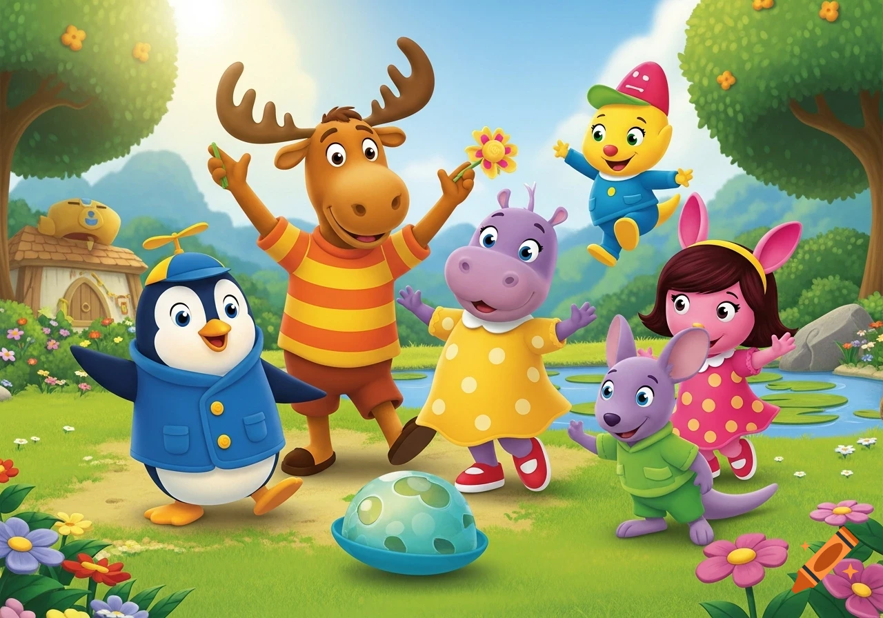 Six colorful cartoon animal characters (moose, penguin, hippo, rabbit, kangaroo) playing in a sunny park with trees and a pond.