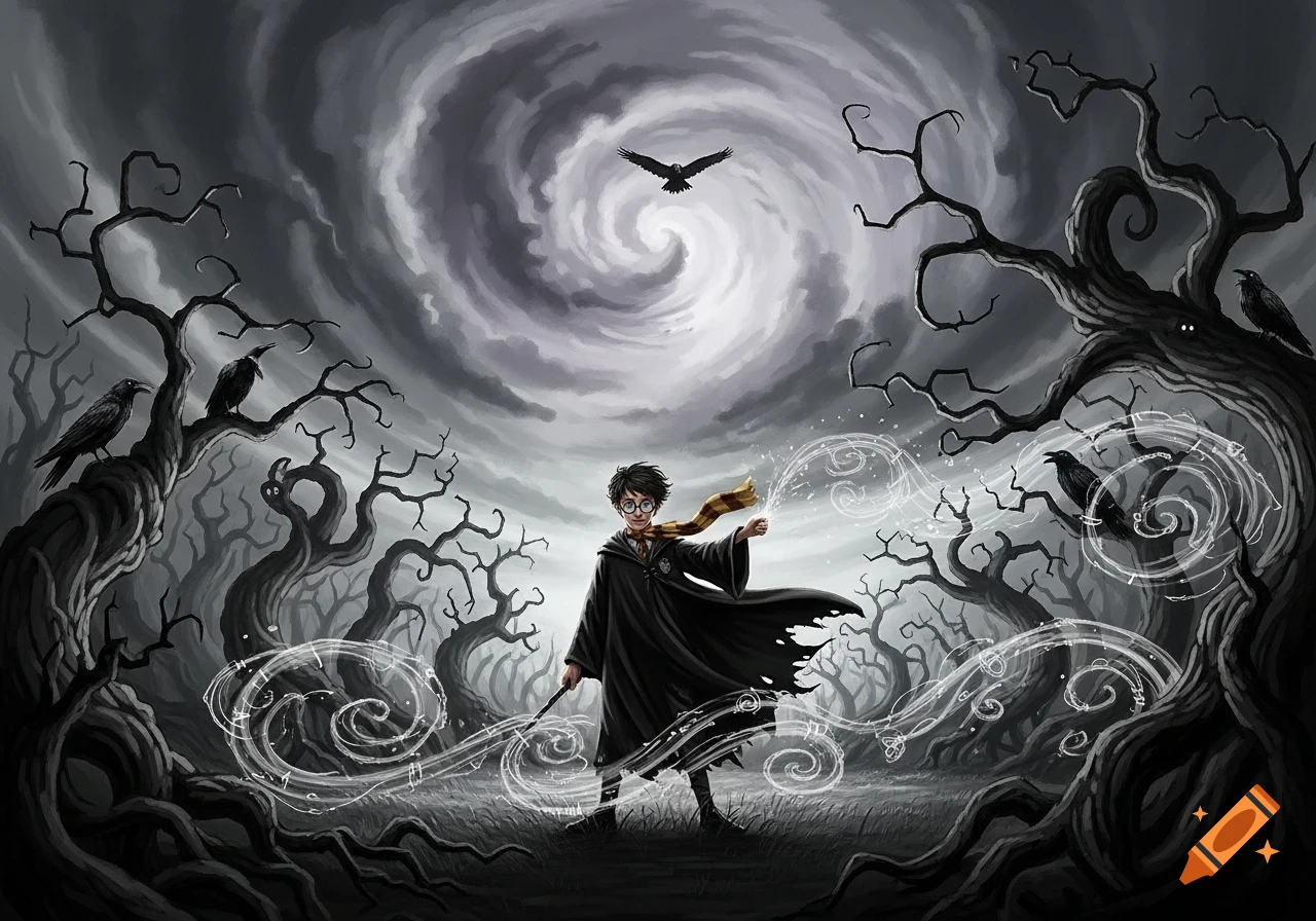 Harry Potter casting a spell in a spooky Tim Burton-style forest with crows under a swirling dark sky.