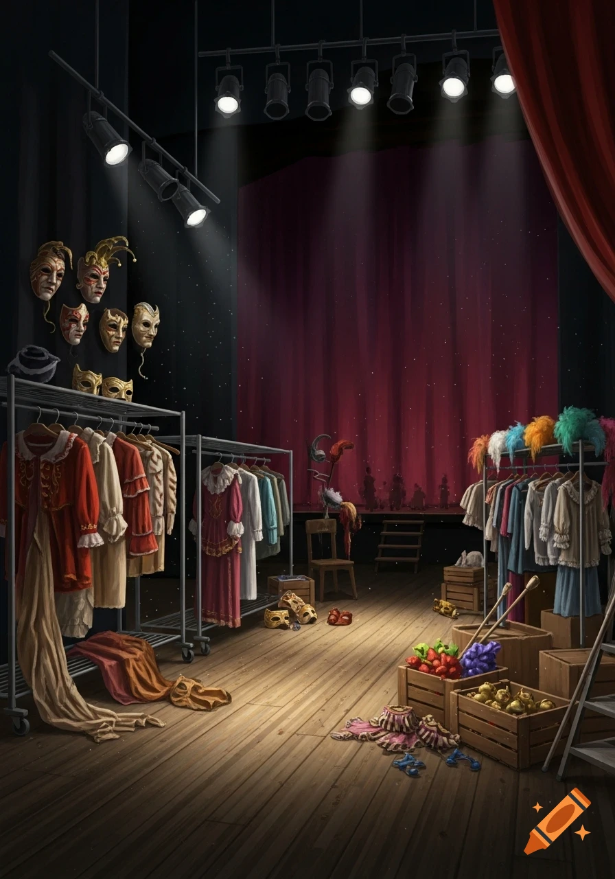A detailed illustration of a theater backstage with costume racks, Venetian masks, wooden crates of props, and stage lights illuminating a red curtain.