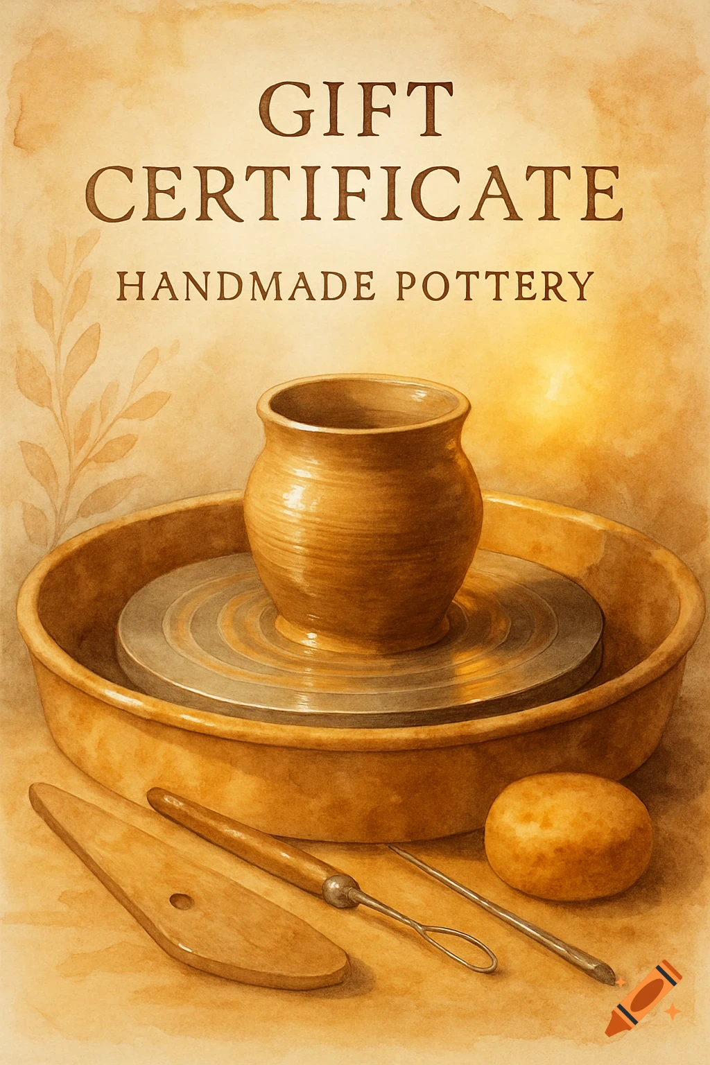 A watercolor painting of a gift certificate for handmade pottery, featuring a pot on a potter's wheel and various pottery tools.