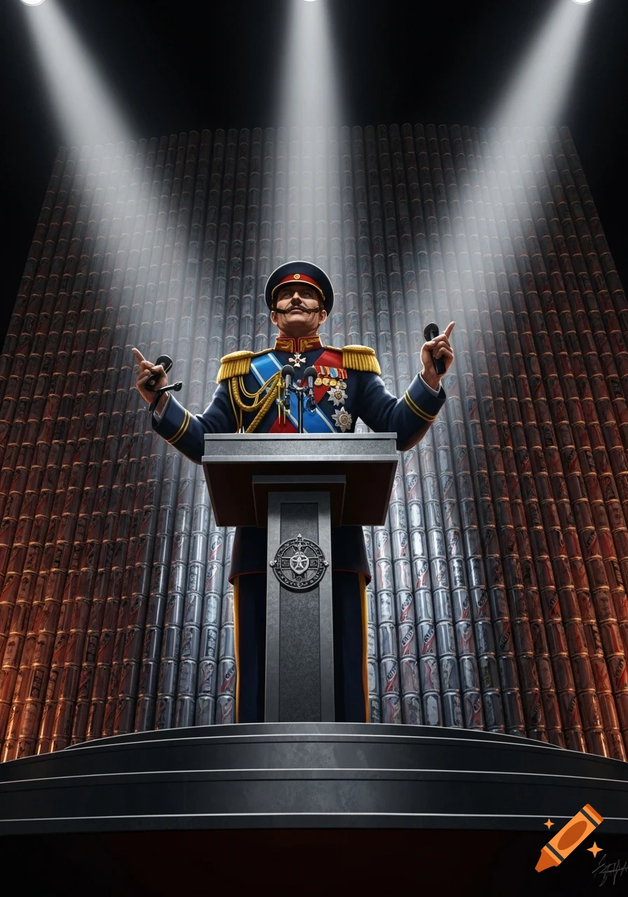 A fictional dictator in a military uniform with medals stands at a podium, giving a speech in front of a wall of beverage cans.