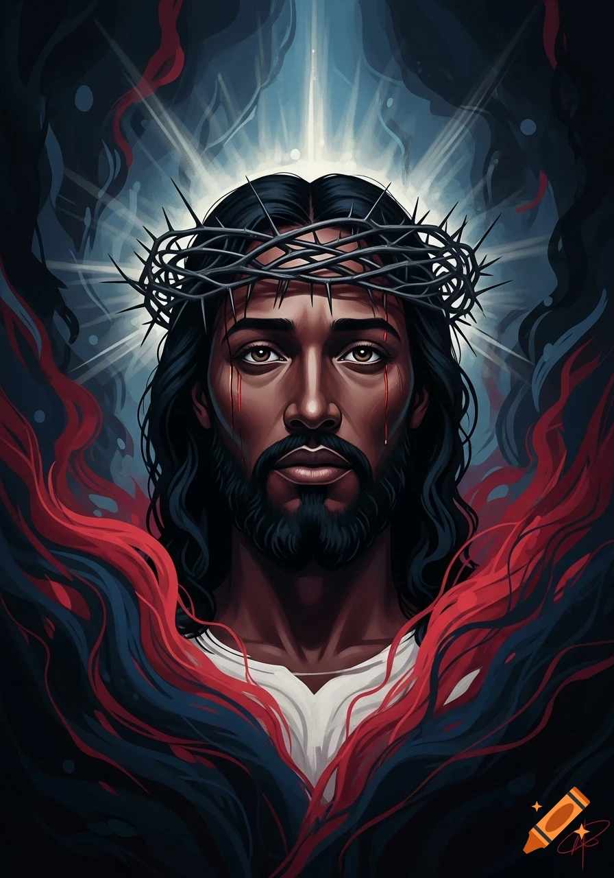 Stylized portrait of a dark-skinned Jesus wearing a crown of thorns, with blood trickling, against an abstract dark background with light and red accents.