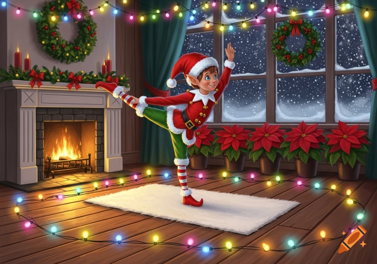 A cheerful cartoon Christmas elf in a red costume performs a tree pose in a festive room with a fireplace and colorful lights.