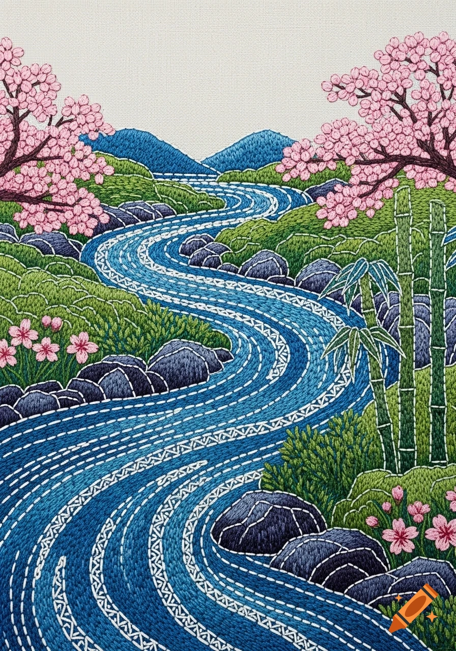 An embroidered landscape featuring a winding blue river, green hills, dark rocks, pink cherry blossoms, and green bamboo stalks, in a Japanese sashiko style.
