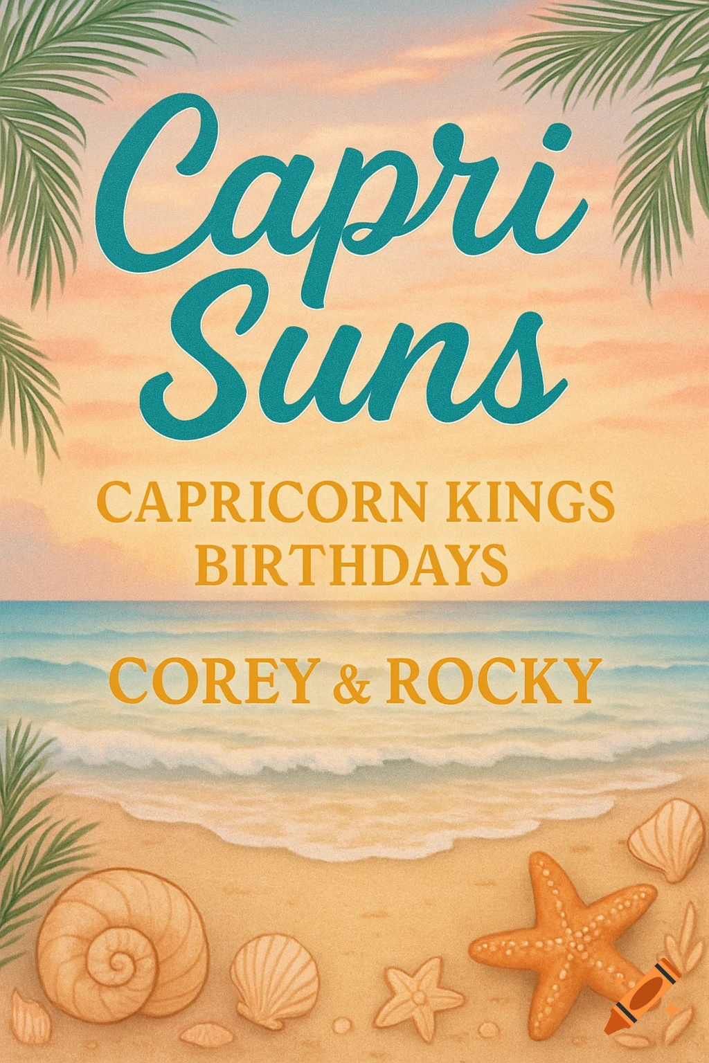 A beach birthday invitation with "Capri Suns", "Capricorn Kings Birthdays", and "Corey & Rocky" text, framed by palm leaves, seashells, and a starfish.