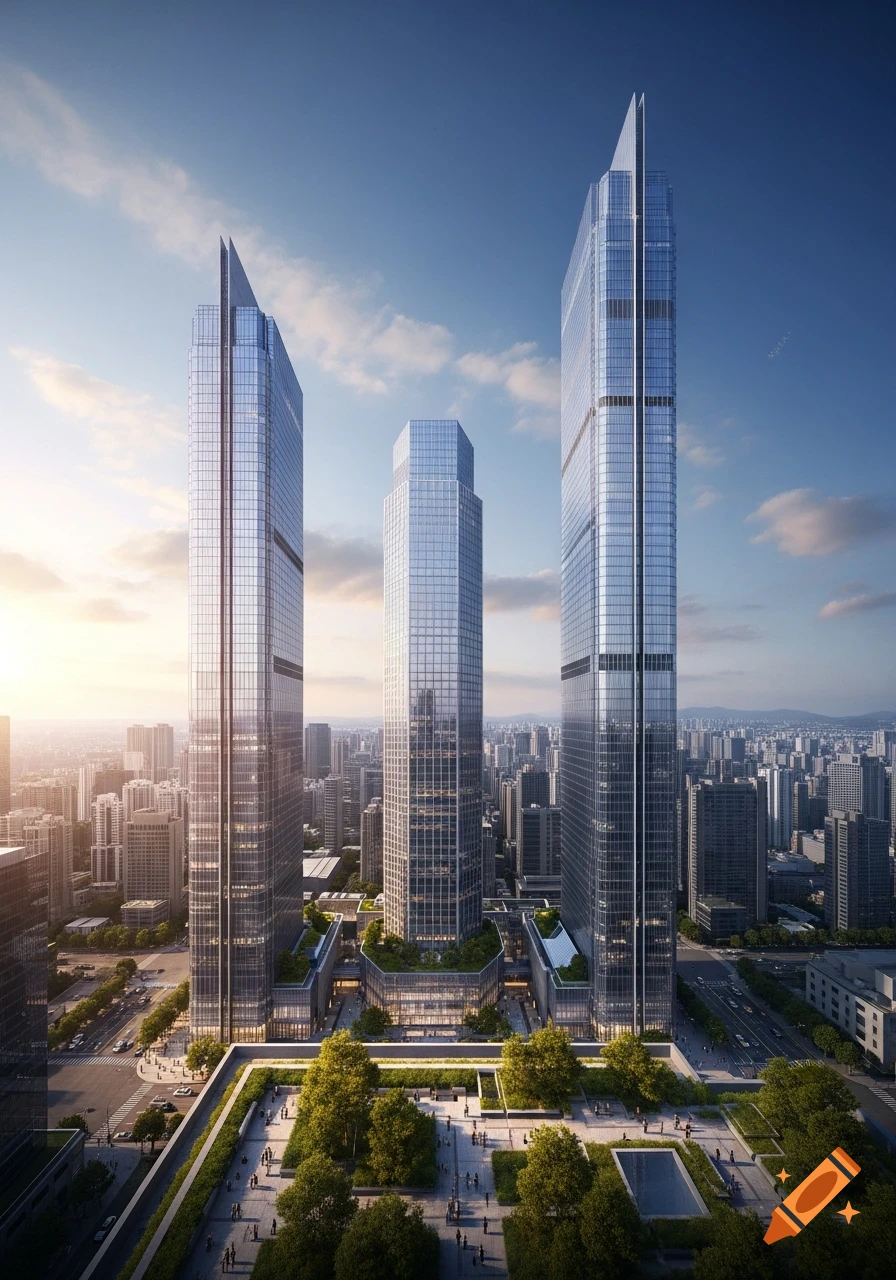 Aerial view of three modern glass skyscrapers towering over a city, with lush green terraces and people walking below, against a blue sky with soft sunlight.