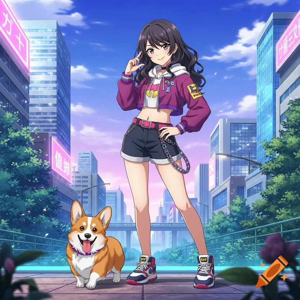 An anime girl with dark hair, wearing a purple jacket and shorts, stands beside a happy corgi in a vibrant city street with neon signs.
