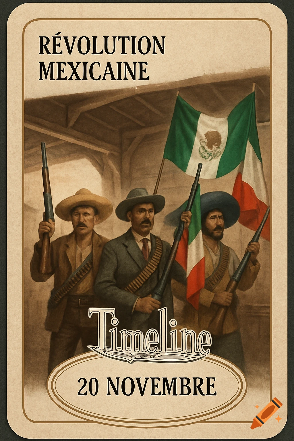 Three Mexican revolutionaries in sombreros, with rifles and flags, on a vintage-style 'Timeline' board game card for the Mexican Revolution.