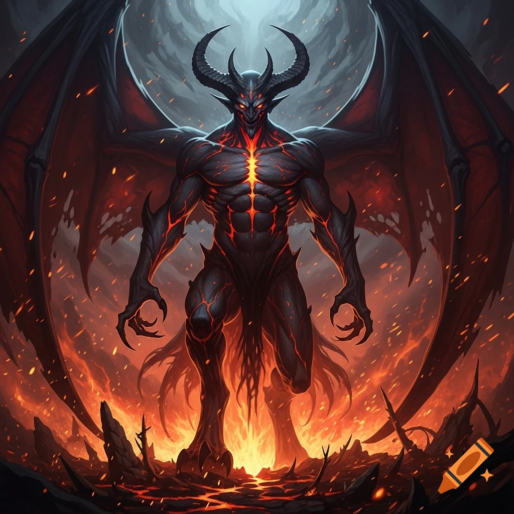 A formidable horned, winged demon with glowing red eyes and lava-like cracks on its black body stands in a fiery hellscape.