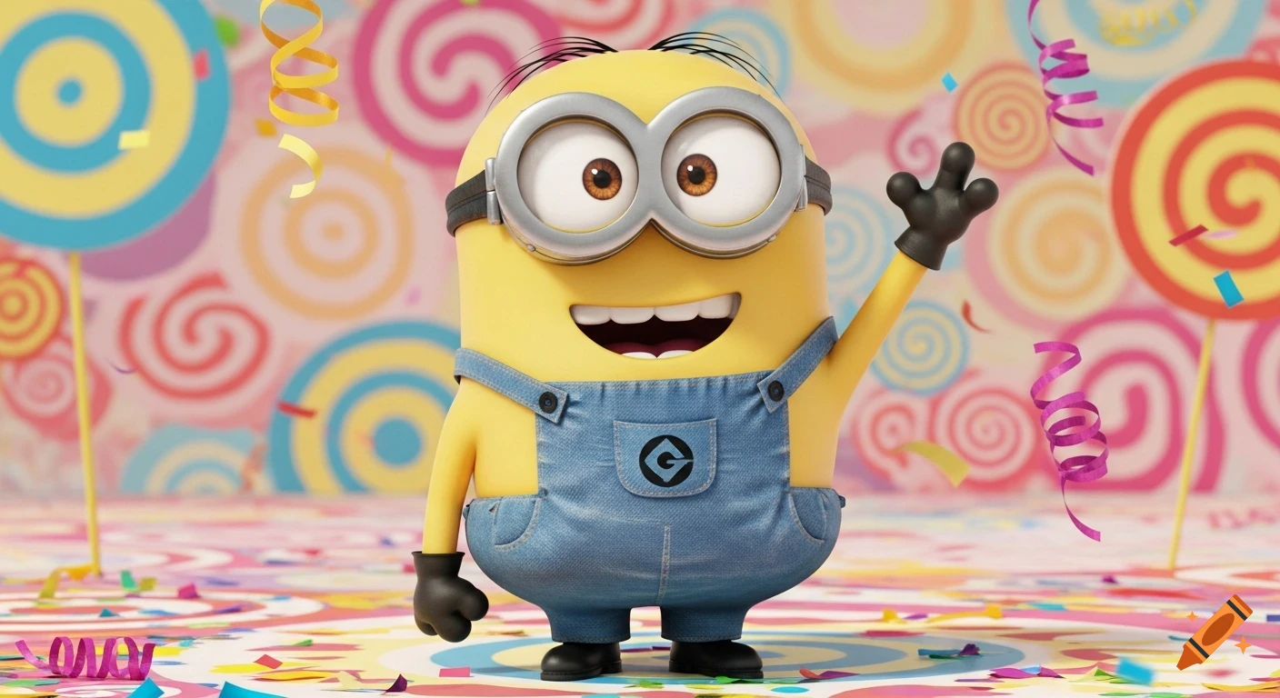 A happy Minion in denim overalls waves an arm amidst falling confetti and a colorful candy-themed background.