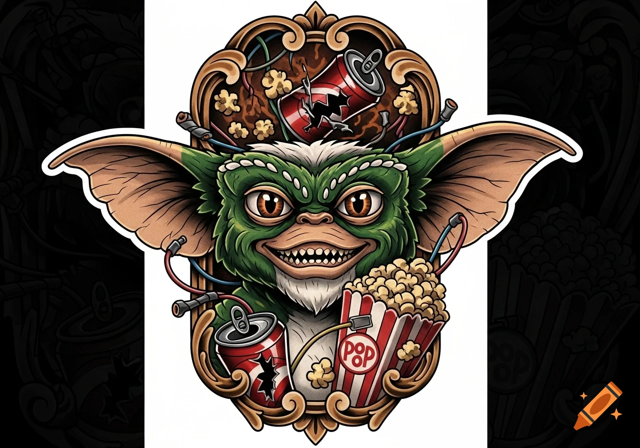 Neotraditional tattoo art of a green Gremlin with a wide grin, holding popcorn and a soda, within an ornate frame.