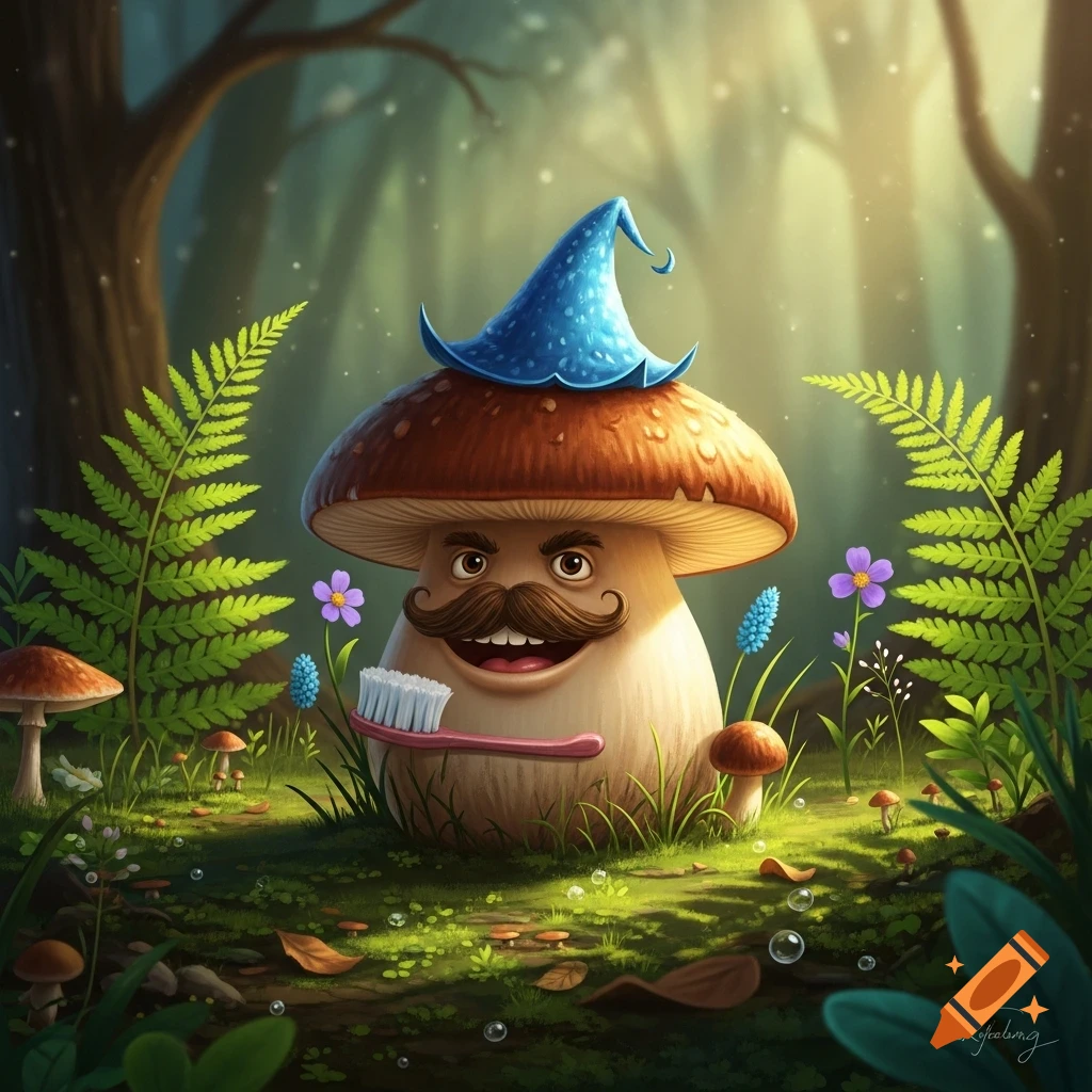 A whimsical cartoon mushroom with a mustache made of a toothbrush and a blue wizard hat stands smiling in an enchanted forest.
