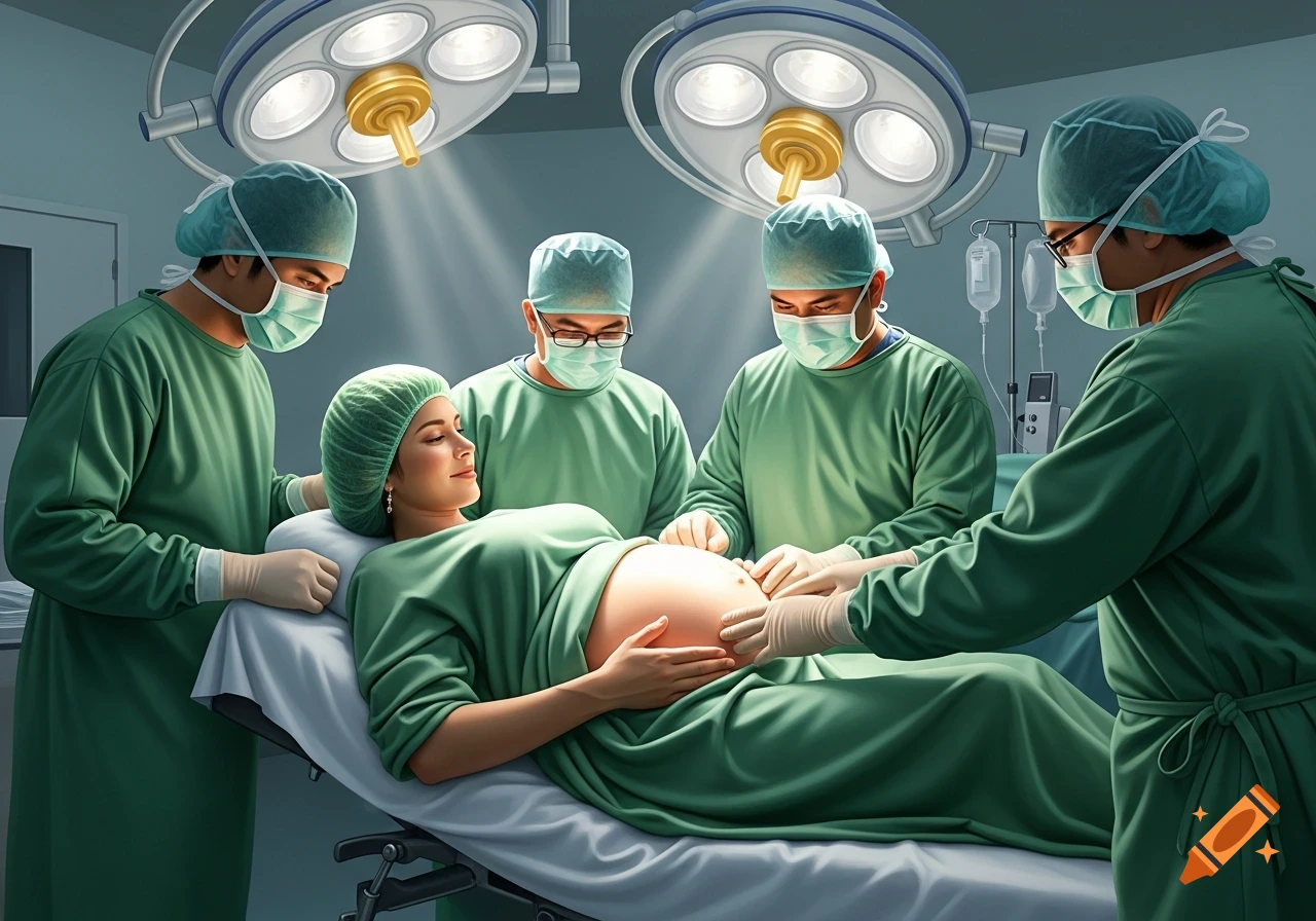 A pregnant woman on an operating table surrounded by four doctors in surgical scrubs examining her belly under bright lights.