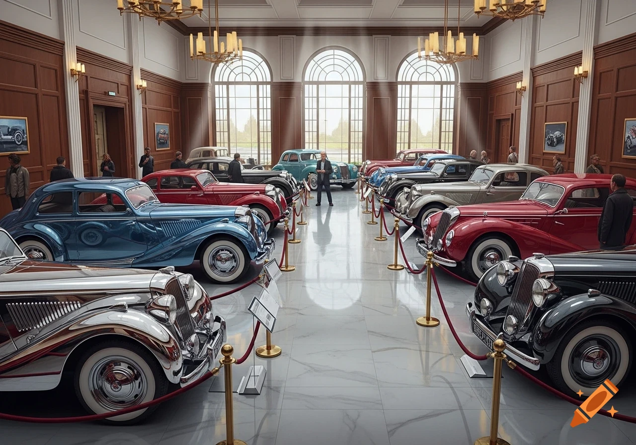 A grand gallery hall showcases numerous polished vintage cars of various colors, with people admiring them.