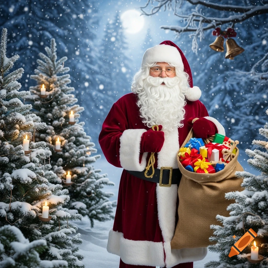 Santa Claus in a red suit stands in a snowy forest with illuminated Christmas trees, holding a sack full of colorful gifts.