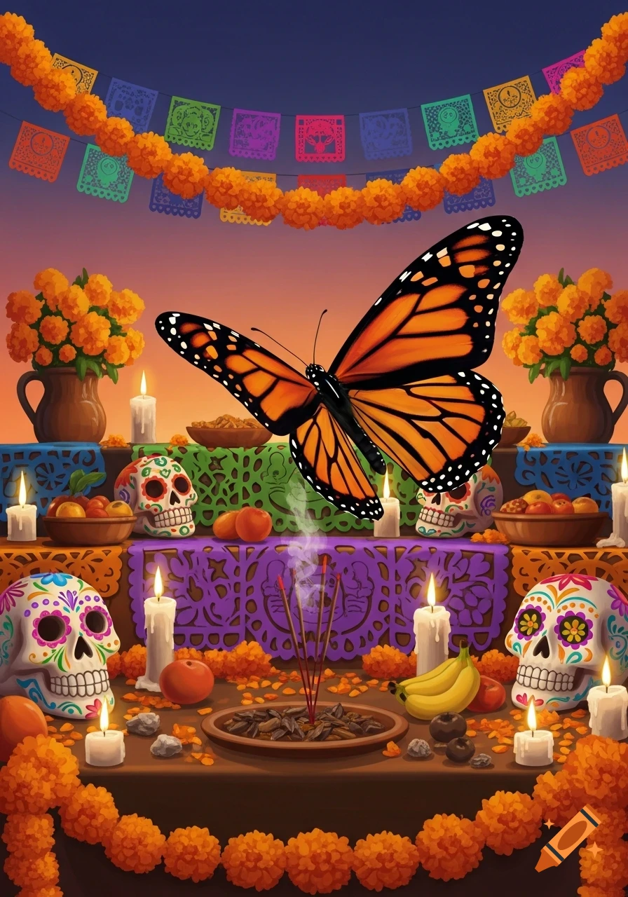 A vibrant Dia de los Muertos altar with a monarch butterfly, sugar skulls, marigold garlands, candles, and papel picado banners.