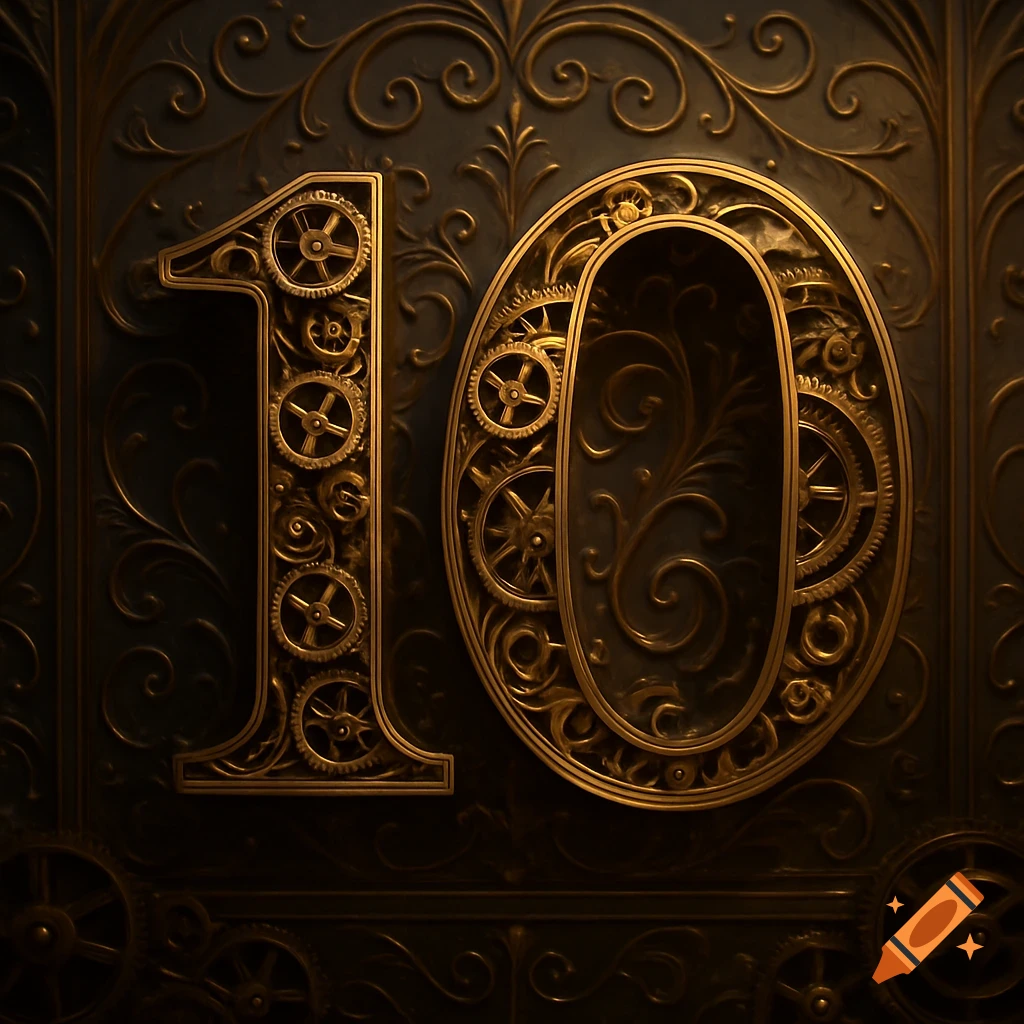 Golden steampunk-style number 10, intricately decorated with gears and ornate filigree on a dark metallic background.