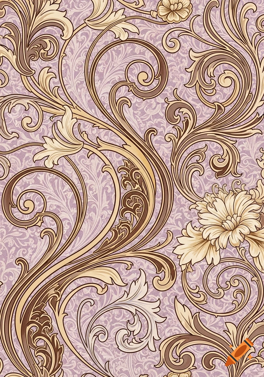 Ornate abstract floral pattern with scrolling designs in lavender, gold, brown, and ivory.