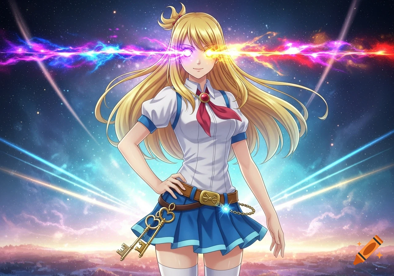 An anime girl with long blonde hair and glowing eyes shoots colorful ...