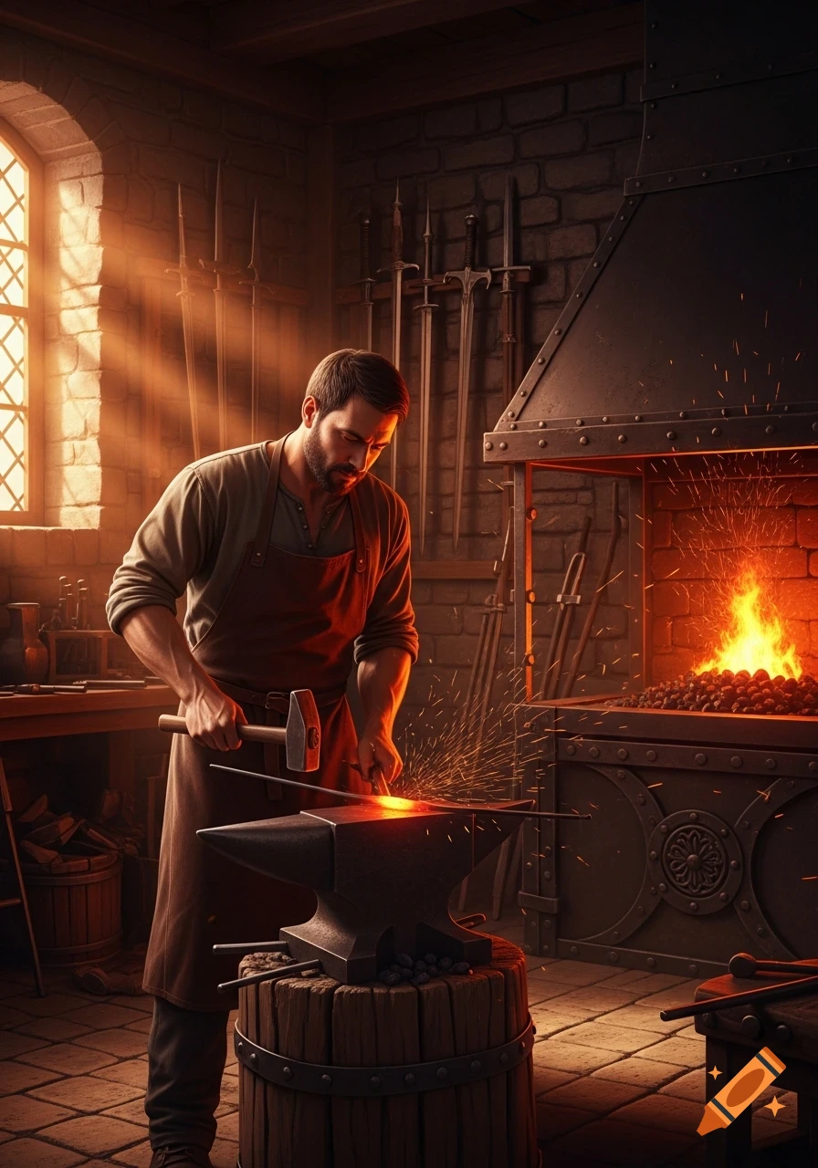 A bearded man, a blacksmith, hammers glowing metal on an anvil in a warmly lit, rustic workshop with a fiery forge.