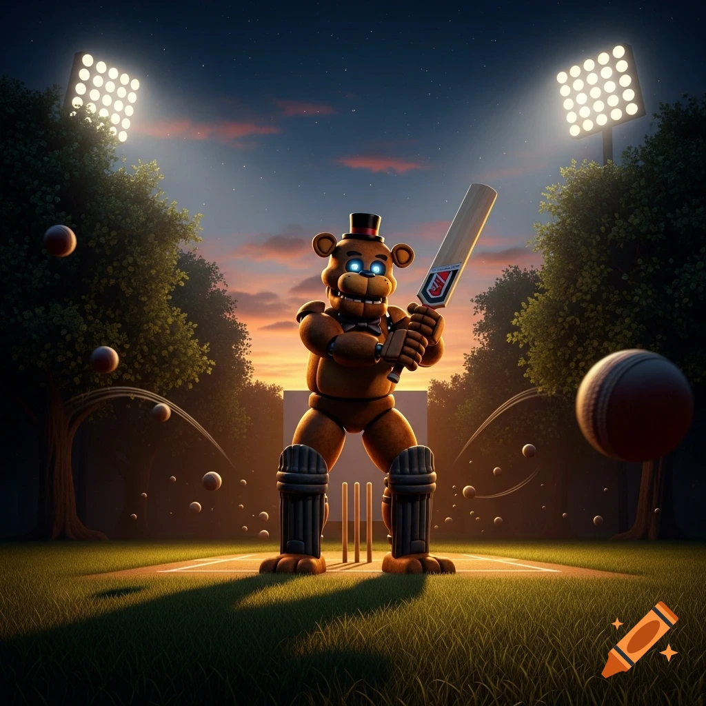 Freddy Fazbear, wearing a top hat and cricket pads, swings a bat on a lit cricket pitch at dusk.