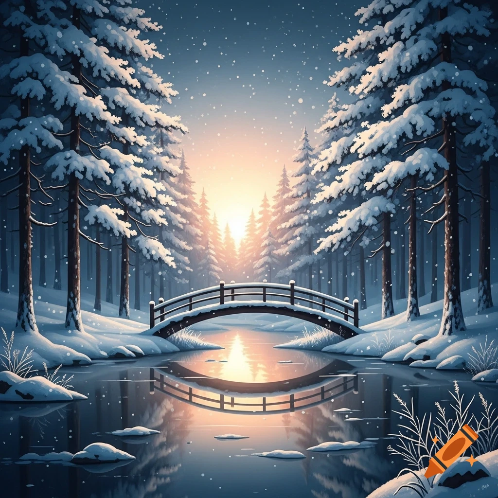 Snowy forest scene with snow-covered pine trees, a wooden bridge over a reflective stream, and a sunset glow.