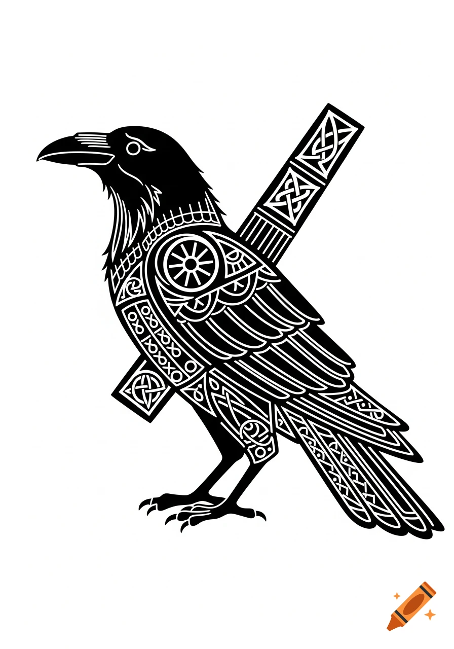 A stylized black raven with intricate white Celtic knotwork and Jelling-style patterns on a white background.