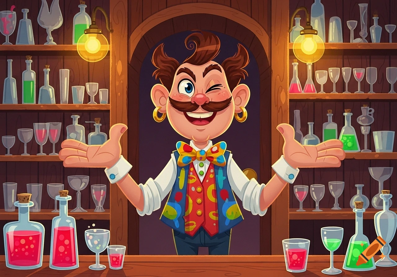 A winking cartoon bartender with a handlebar mustache and a colorful vest stands behind a bar filled with bottles and glasses.