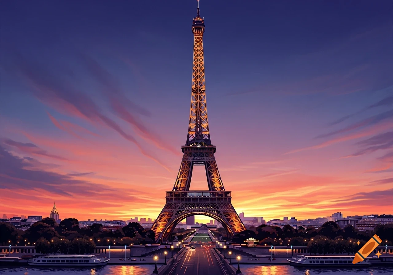 The Eiffel Tower stands tall against a vibrant orange and purple sunset sky, with a river and city lights in the foreground.