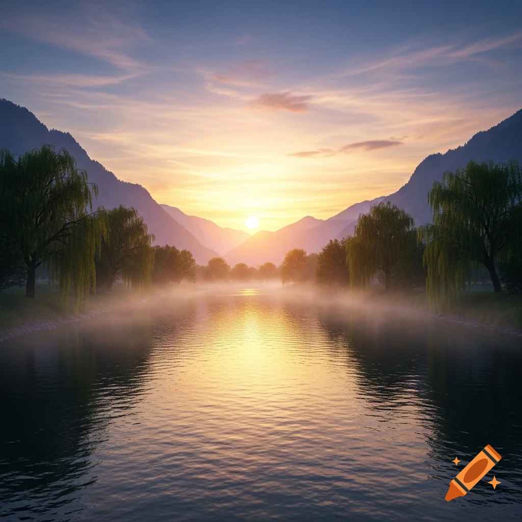 A serene river flows through a misty valley at sunrise, flanked by mountains and weeping willow trees, with the sun low on the horizon.