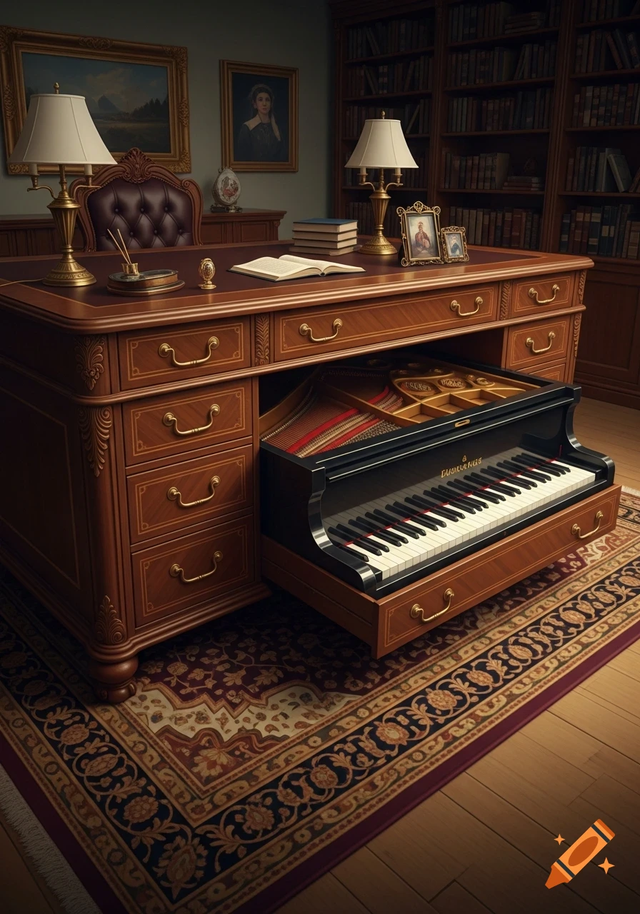 Photorealistic image of a grand wooden desk with an open drawer revealing a small grand piano in an elegant study.