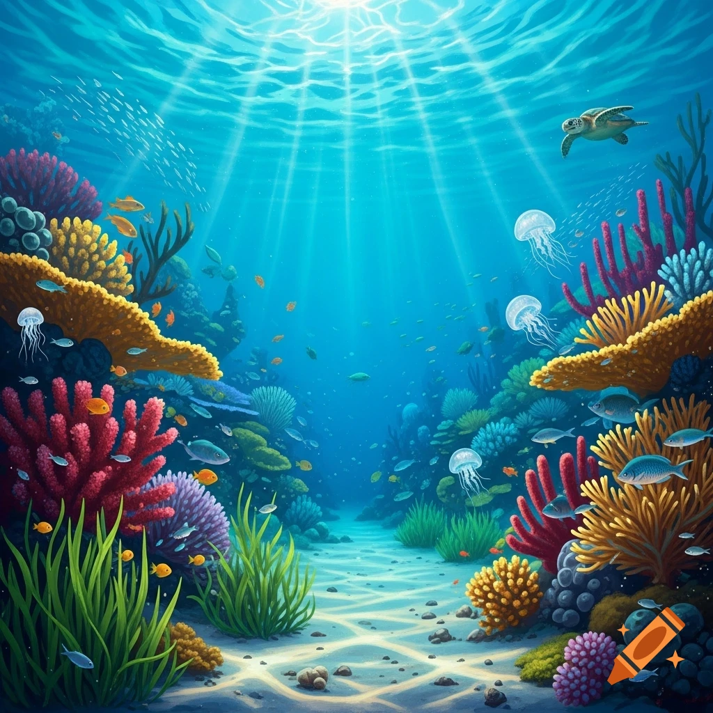 Vibrant underwater scene with colorful coral reefs, swimming fish, jellyfish, and a sea turtle under sunlit water.