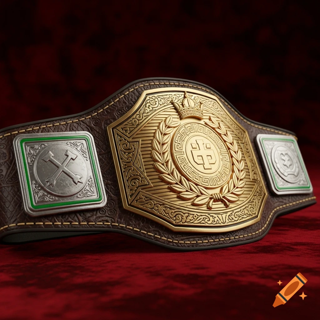A detailed gold and silver championship belt with intricate designs and a brown leather strap, resting on a rich red velvet background.