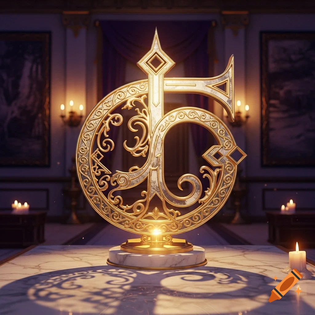 Ornate golden intertwined glyph symbol on a marble table in a dimly lit luxurious room with candles.