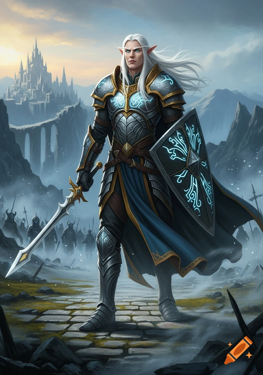 A fantasy elf warrior in ornate silver and gold armor, holding a sword and shield, stands on a stone path with a castle and an army in the background.