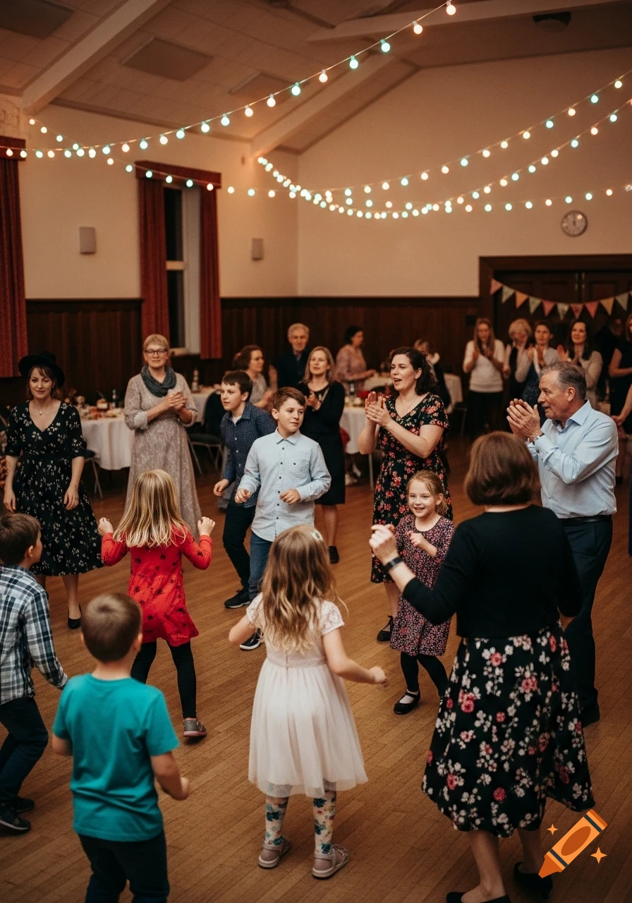 A diverse group of kids and adults dance and clap at an indoor party with string lights.