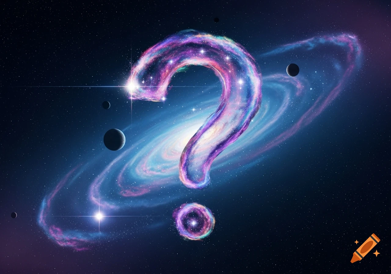 A vibrant, glowing cosmic question mark dominates a deep space scene with a spiral galaxy and planets.
