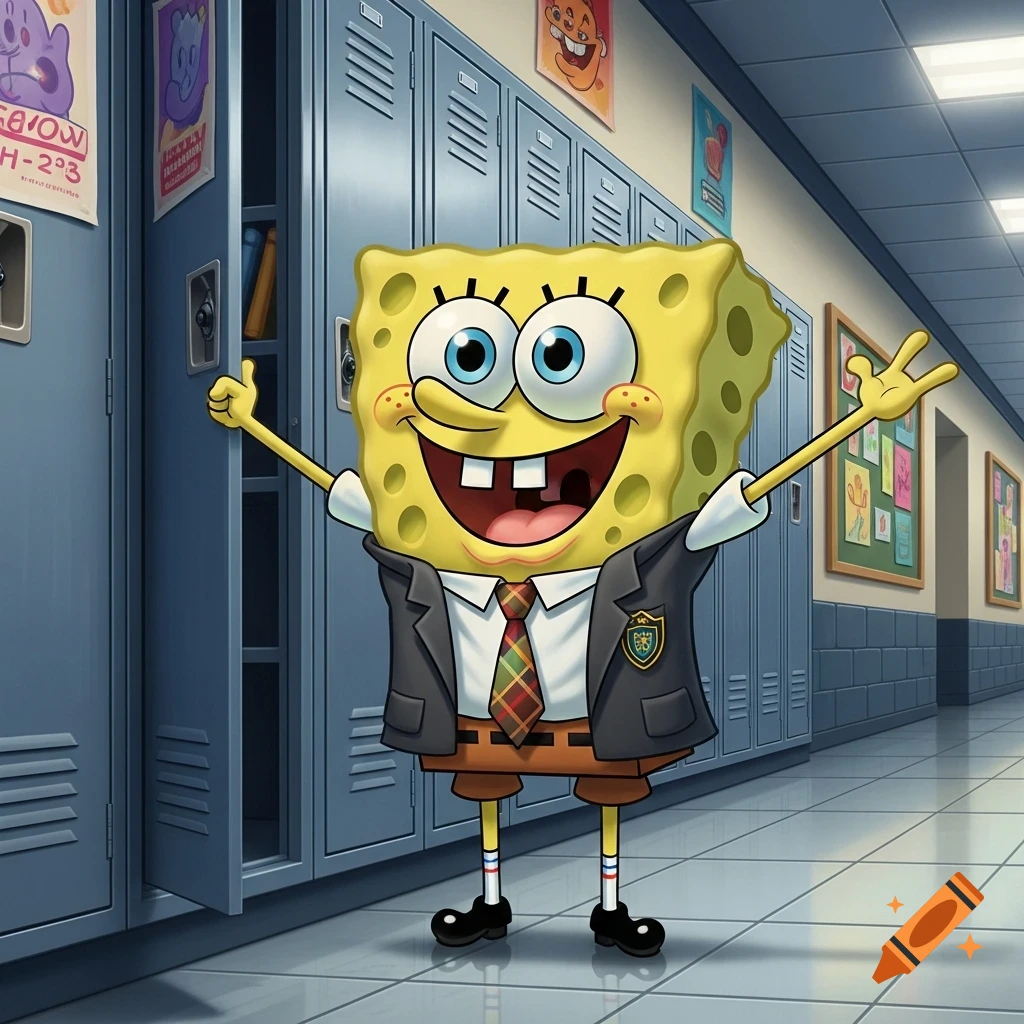 SpongeBob SquarePants dressed in a school uniform, with a black blazer, white shirt, and plaid tie, stands in a school hallway with lockers, smiling and raising his arms in a cartoon style.