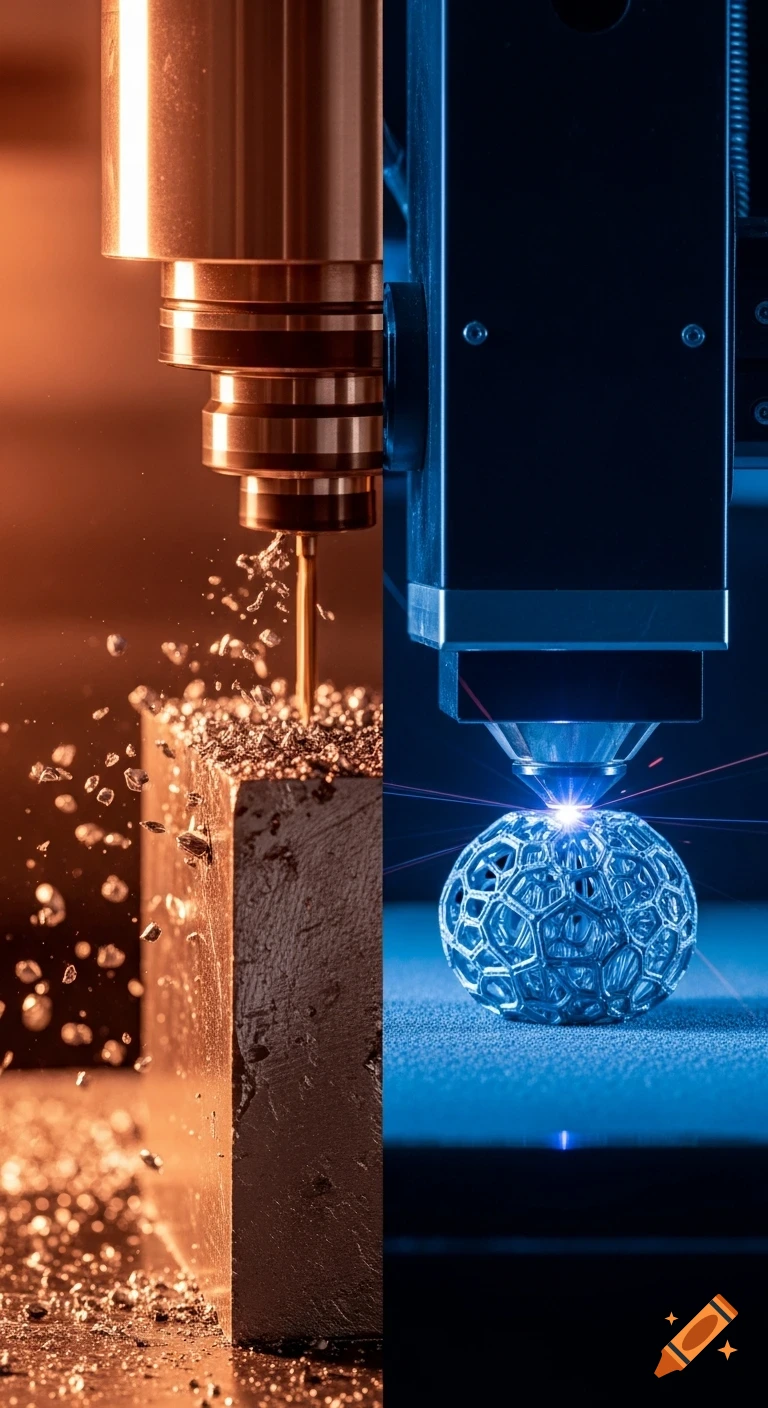 Photorealistic split image: left, CNC endmill machines metal block; right, 3D printer builds complex lattice metal part.