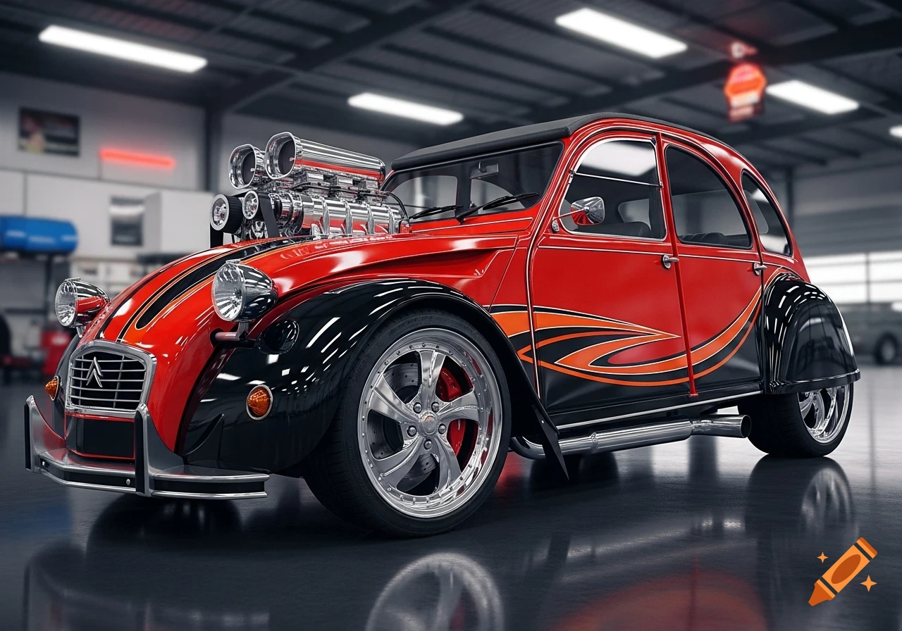 A custom red and black Citroen 2CV hot rod with a large chrome engine and custom wheels, parked in a dimly lit garage, photorealistic.