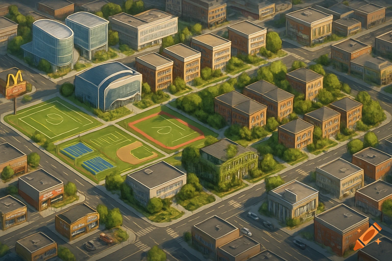 An isometric view of a city with various buildings, sports fields including football, baseball, and tennis courts, roads, and a McDonald's sign. The city features a mix of modern and traditional architecture with green spaces.