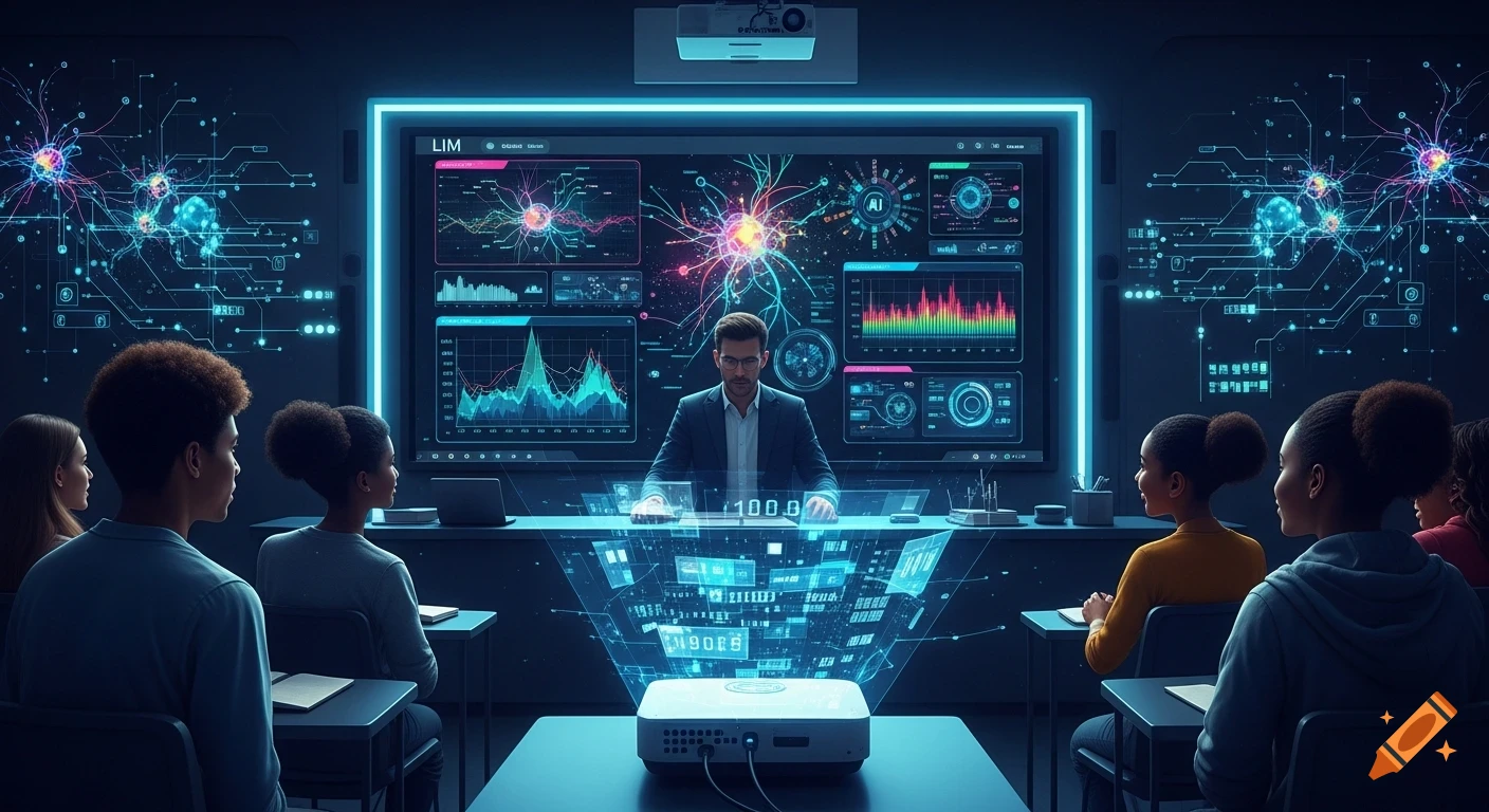 A man in a suit presents glowing data visualizations and neural network diagrams on a large screen to students in a futuristic, dark classroom.