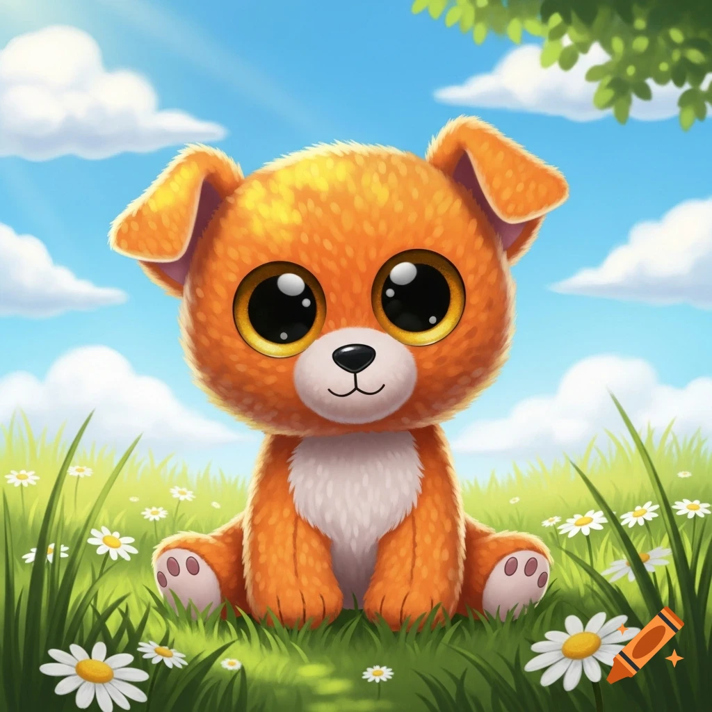 A cute, fluffy orange cartoon puppy with large eyes sits in a sunny green field with white daisies.