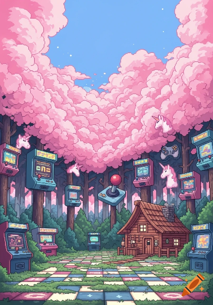 Pixel art of a fantasy forest with a hut, arcade machines for trees, pink cotton candy clouds, and unicorns.