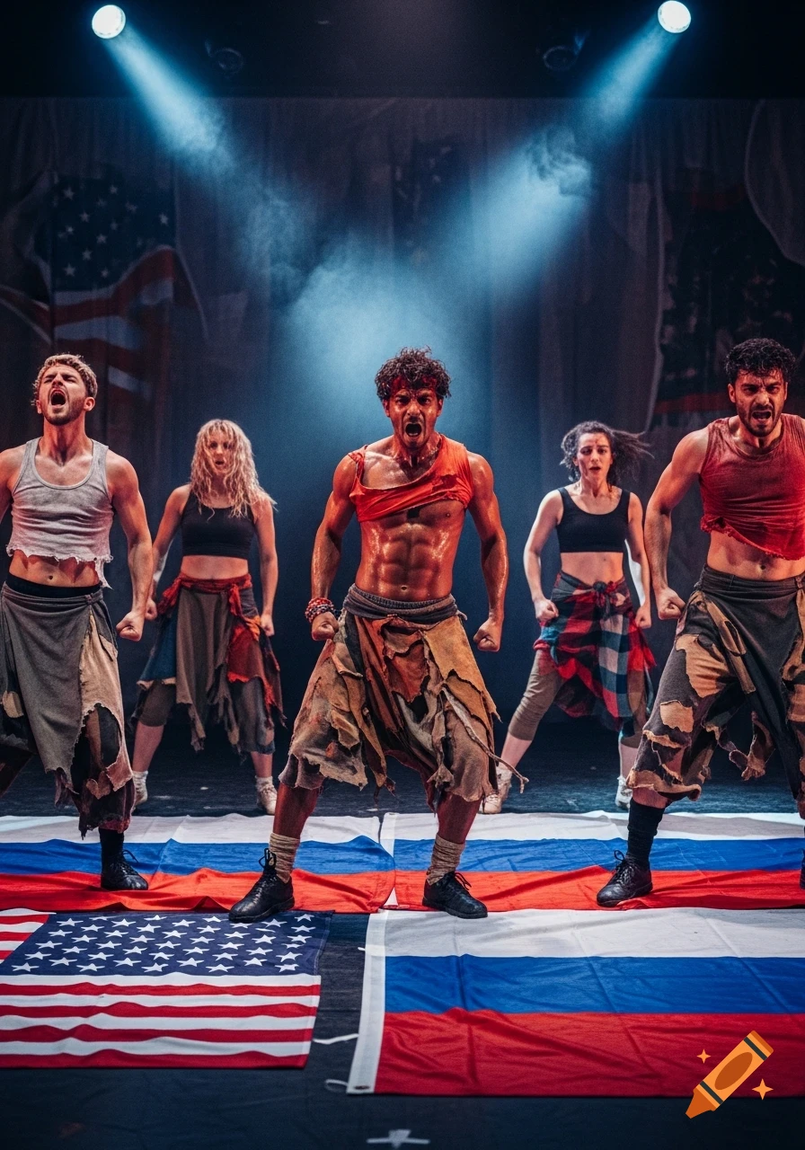 Five sweaty dancers, three men and two women, intensely perform on a stage with dramatic lighting. Frayed US and Russian flags lie on the floor beneath their feet. Photorealistic.