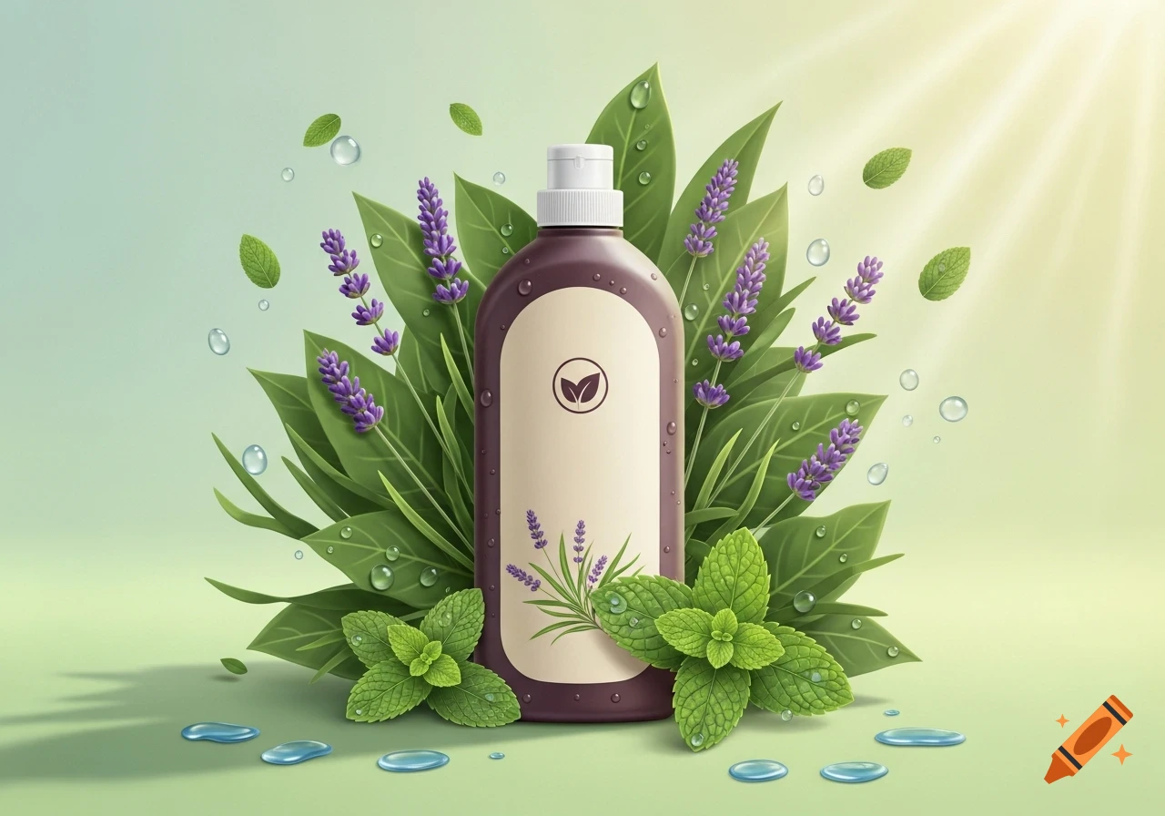 A brown product bottle with a leaf logo, surrounded by vibrant green leaves, purple lavender, fresh mint, and water droplets, suggesting an eco-friendly product.