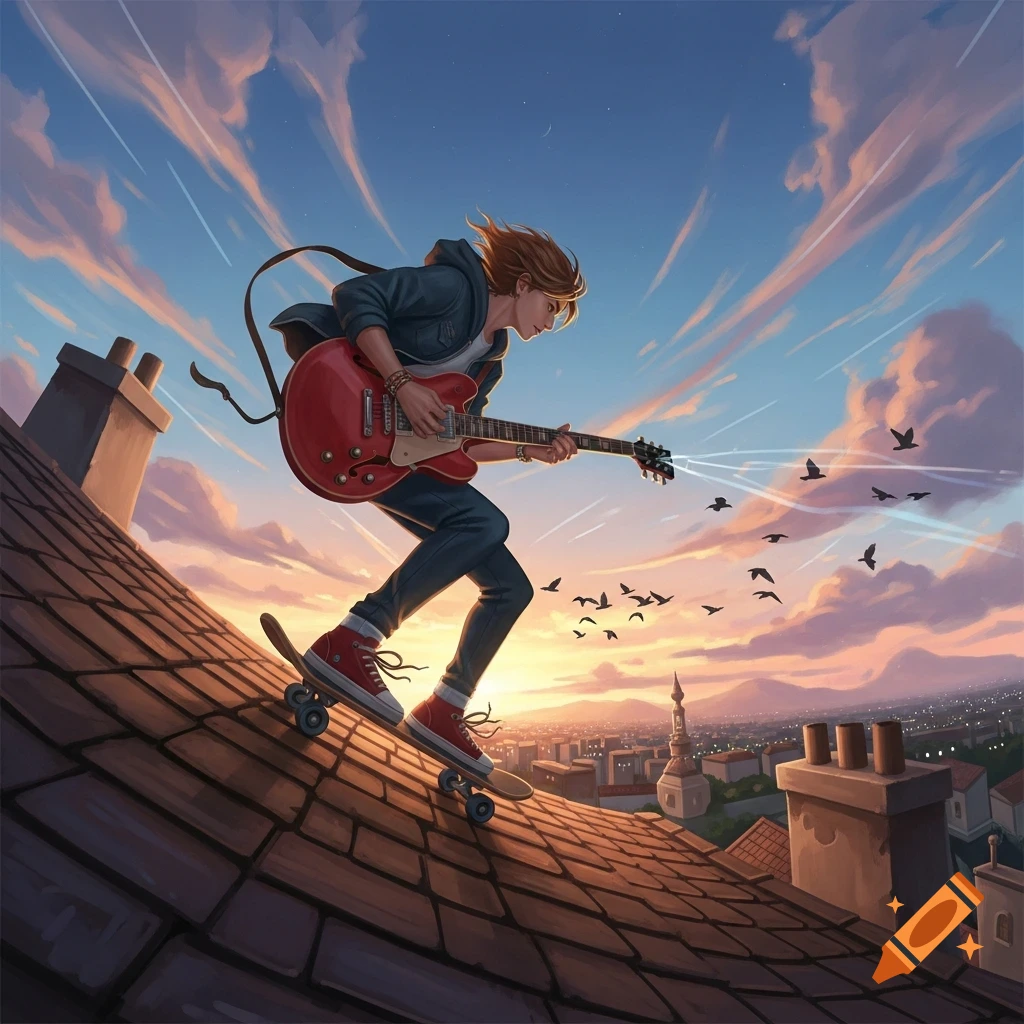A person with a red electric guitar skateboards on a tiled rooftop above a city at sunset, with birds flying. Digital illustration.