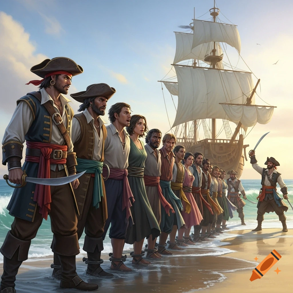 A line of captives in chains stands in the ocean surf, guarded by pirates on a sunny beach with a large sailing ship.