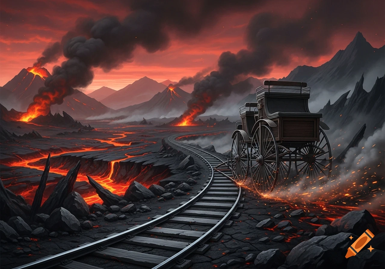 A dramatic, dark fantasy landscape with red skies, erupting volcanoes, and rivers of lava, featuring an antique carriage on train tracks.